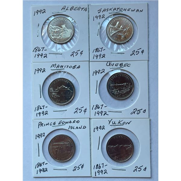 Canada 25 Cents Quarter 6 Coins, Commemorative Quebec, PEI, Yukon, Alberta, Sask, Manitoba