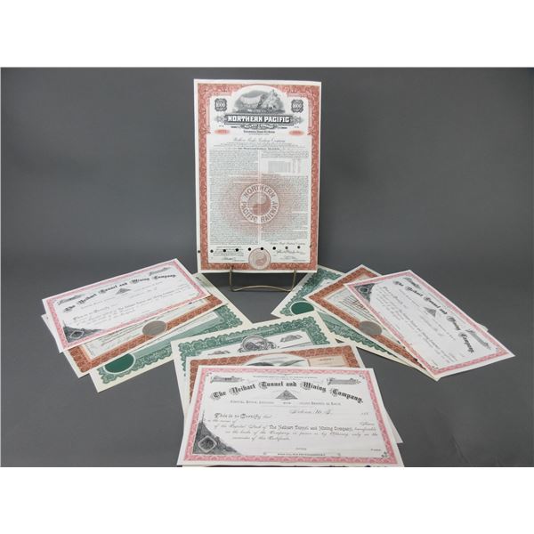 9 Montana Stock Certificates- Northern Pacific Bond