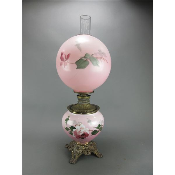 Hand Painted American Made Hurricane Lamp- Brass Base- 28"H X 10"