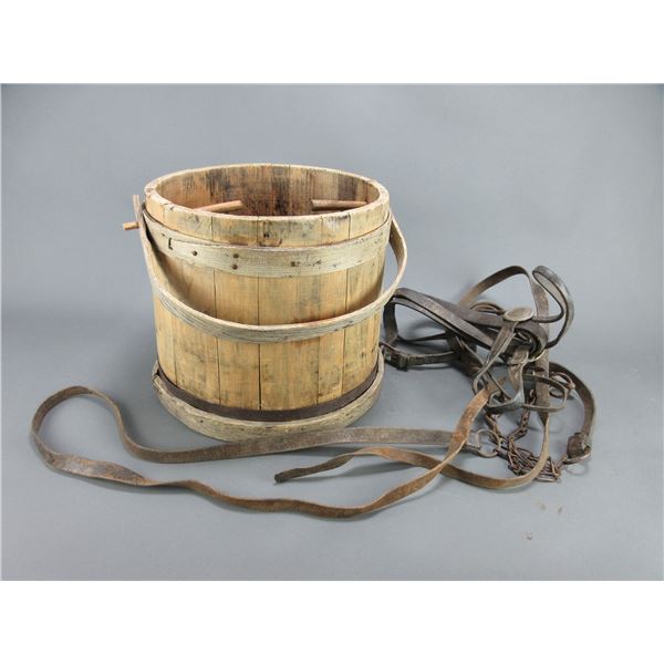 Antique Wooden Well Bucket- 11.5"- Headstall With Unmarked Buermann Bit And Reins