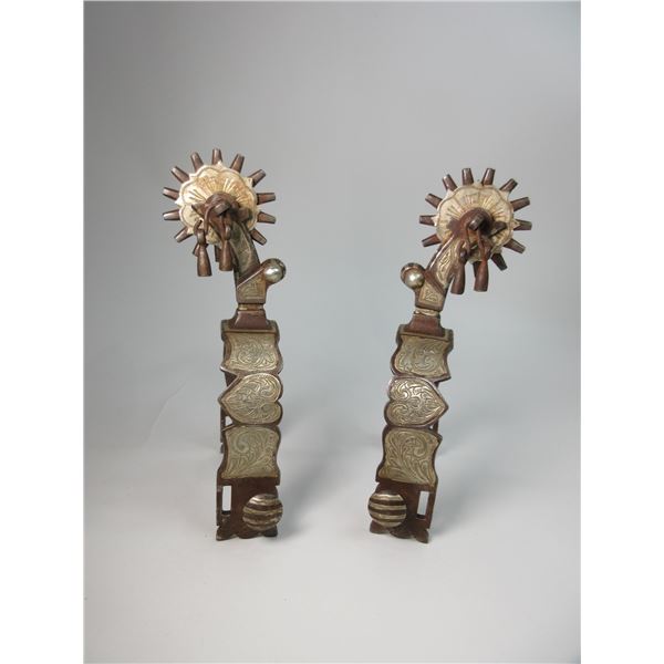 Marked Garza Silver Inlaid Spurs- 1.1" Bands- 2.5" Shanks- 2" 14 Point Rowels With Covers- Barrel Ch