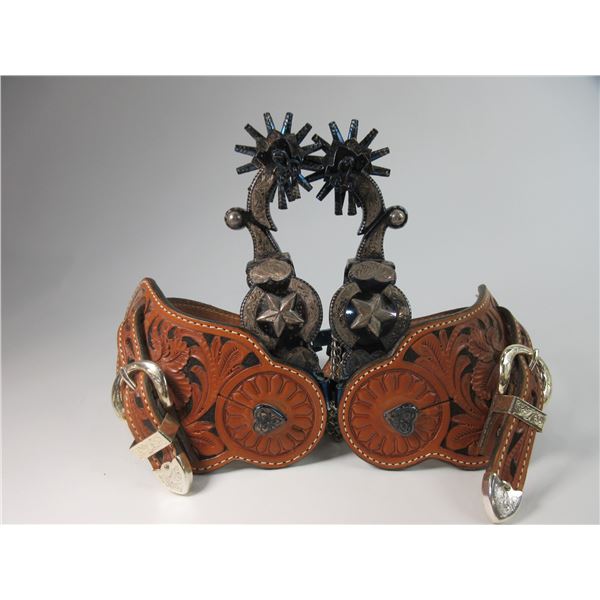 Marked E Garcia 28/50 Pleasant Valley Saddle Shop Silver Inlaid Spurs- Heart And Star Pattern- 1.75"