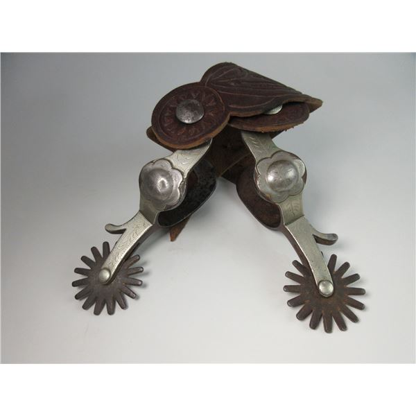 Botton Edge Marked Crockett Silver Overlaid Spurs- Frontier Pattern- 1.75" Bands- 2.5" Shanks- 2.25"