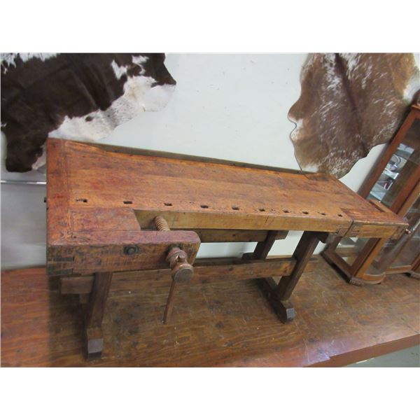 Primitive Work Bench With Two Wooden Vises- 80.5"W X 32"H X 24"D