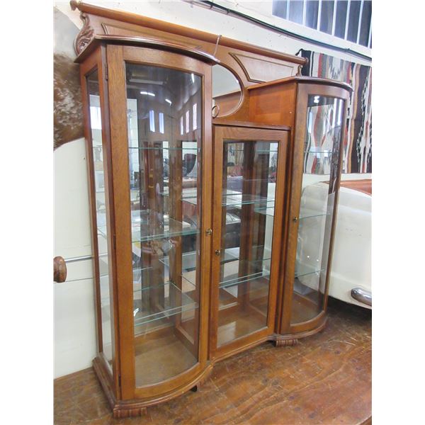 Lighted Oak Double Curved Glass China Hutch With Beveled Mirror Glass