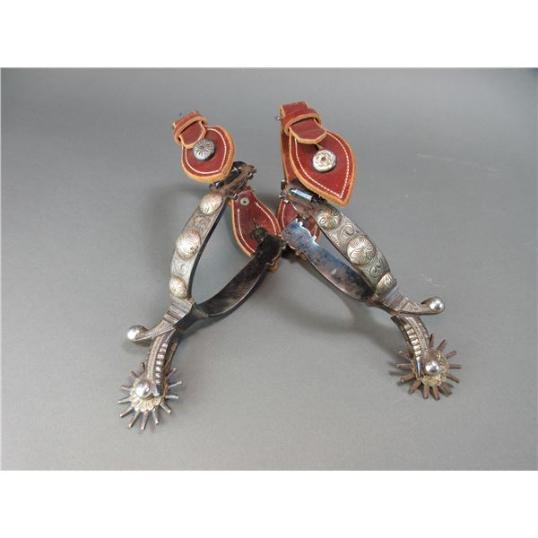 Unmarked Double Mounted Silver Overlaid Spurs- Jello Molds- .8" Bands- 2.5" Shanks- 1.75" 14 Point R