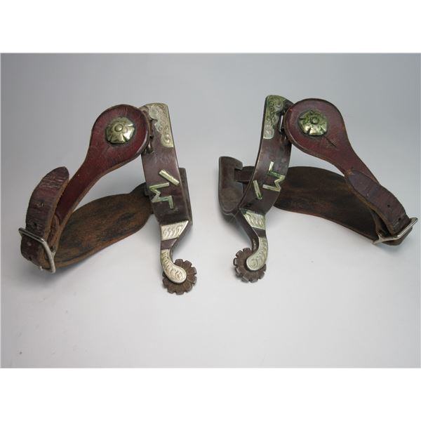 Marked Campbell 7719 Overlaid Spurs- 1" Bands- 1.75" Shanks- 1" Rowels- Tooled Ray Holes Straps- Goo