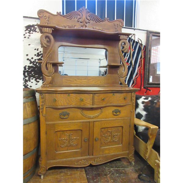 Oak Sideboard With Carved Mirror Frame And Crest Board- 45"W X 76"H X 19"D- Excellent Condition