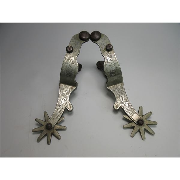 Unmarked Double Mounted Silver Overlaid Spurs- 1.1  Bands- 3  Shanks- 2  9 Point Rowels- Chap Guards