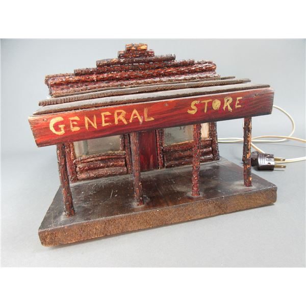 Handmade Log General Store Folk Art- Lights Up- 14.5" X 7"H X 9.5"D