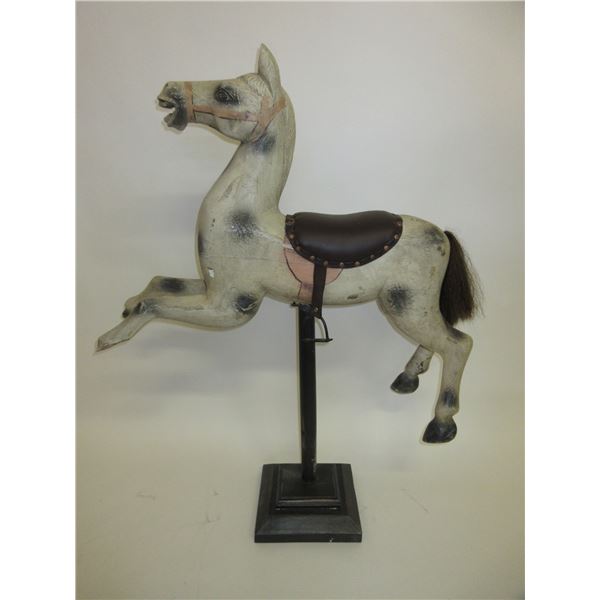 Vintage Rocking Horse On Stand- Leather Saddle- 31 W X 40 H X 6 D- Missing 2 Hooves