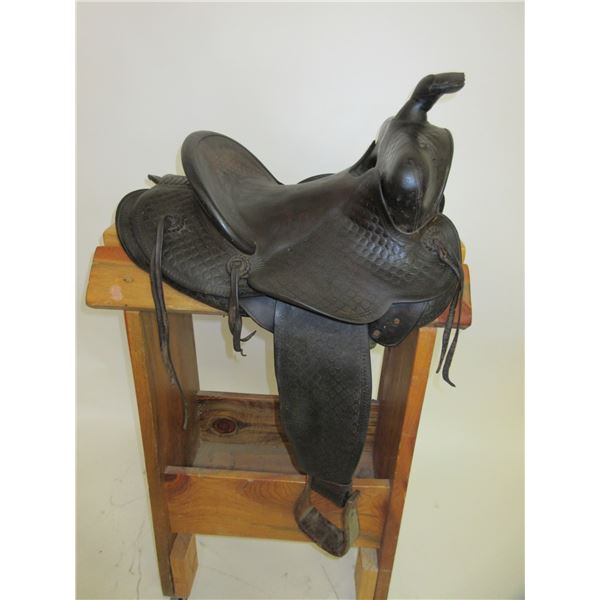 Marked N Porter Basket Stamped Saddle- 10" Seat- Rough Sheepskin- Damaged Horn- All Original- Well U