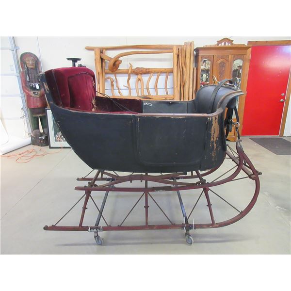 Old Horse Drawn Sleigh- Damaged Seat- On Wheels For Moving- Double Doors- 84" X 40"