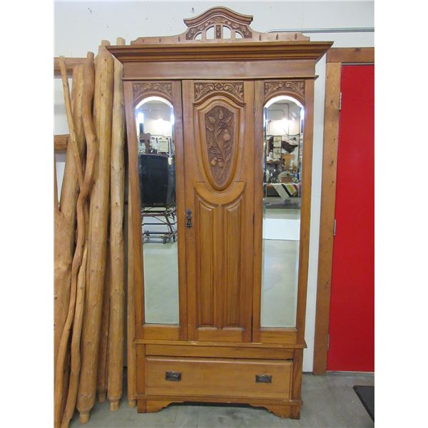 Carved High Boy Dresser With Double Beveled  Mirrors- Door And Drawer- 6 Shelves- 83"H X 37"W X 15"D