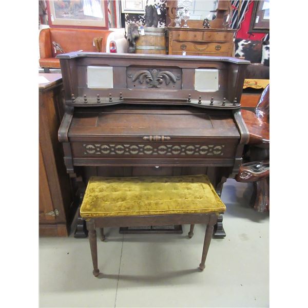 Carved Pump Organ With Beveled Mirrors- Bench With Top That Opens- Non Working- Good Condition- 44"W