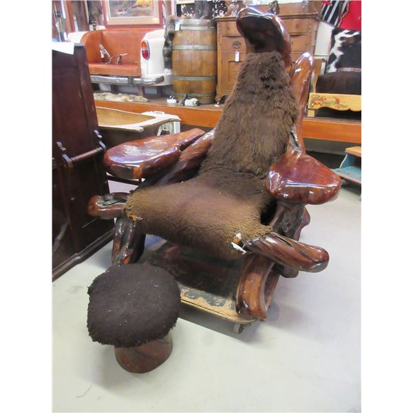 Large Burl Wood Chair With Footstool- Covered With Buffalo Hide- Some Damage To Hide- 49"W X 52"H X 