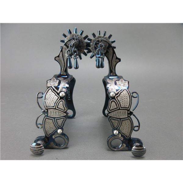 Marked E Garcia Silver Inlaid Butterfly Spurs- 1.25" Bands- 2" Drop Shanks- 1.75" 14 Point Rowels Wi