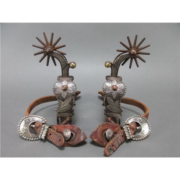 Marked E Garcia Silver Inlaid Spurs- 1.75" Bands- 2.5" Drop Shanks- 2.5" 12 Point Rowels- Barrel Cha