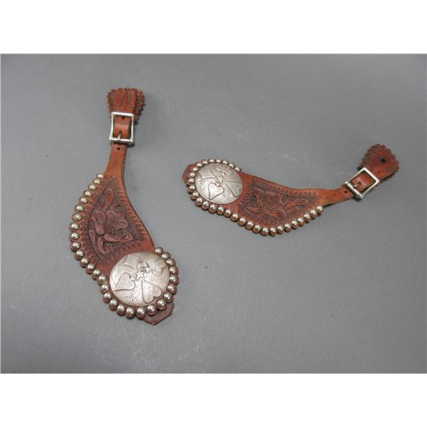 Marked Buddie Foster Decatur TX Dotted Tooled Spur Straps- 1.8" Card Suit Conchos Marked Butters + F