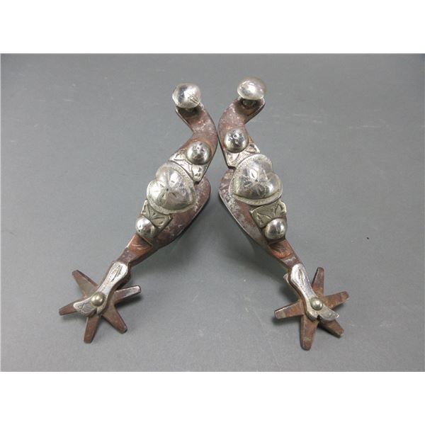Unmarked Silver And Brass Overlaid Lady Leg Spurs- 1.2" Heavy Bands- 2.25" Shanks- 2" 6 Point Rowels