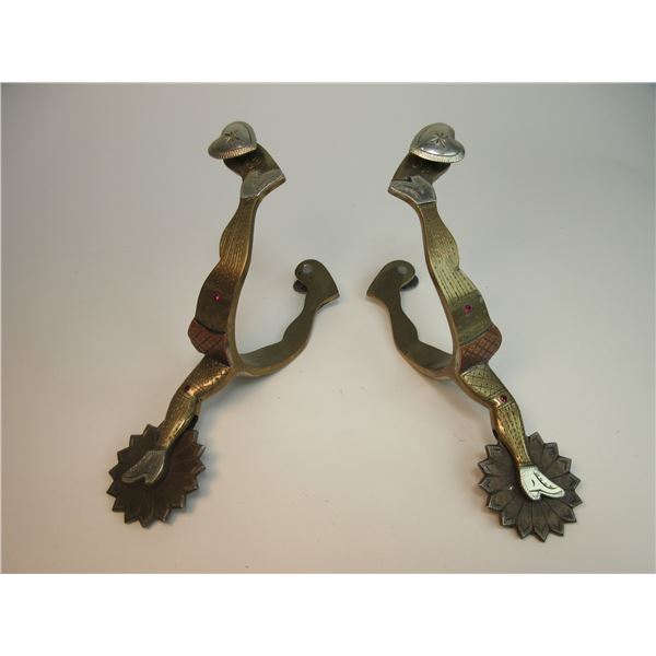 Marked CCSC JF Double Mounted Silver And Brass Overlaid Lady Leg Bronze Spurs- .6" Bands With Rubies