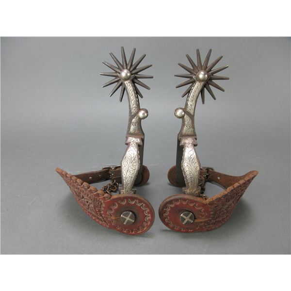 Marked Gutierrez 1084 Le Conte Ave SF Silver Inlaid Spurs- .75" Diamond Bands- 3" Drop Shanks- 2.5" 