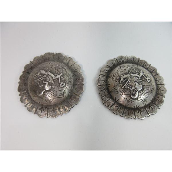 Marked Keystone Bros San Francisco Domestic Sterling Bucking Horse Conchos- Engraved Domed Scalloped