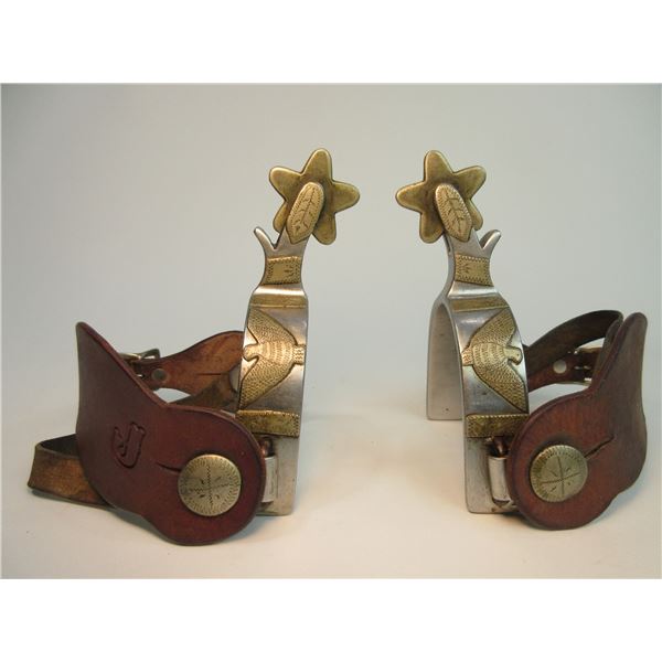 Edge Marked Crockett Overlaid Eagle Stainless Spurs- 1" Heavy Bands- 2" Shanks- 1.5" 5 Point Rowels-