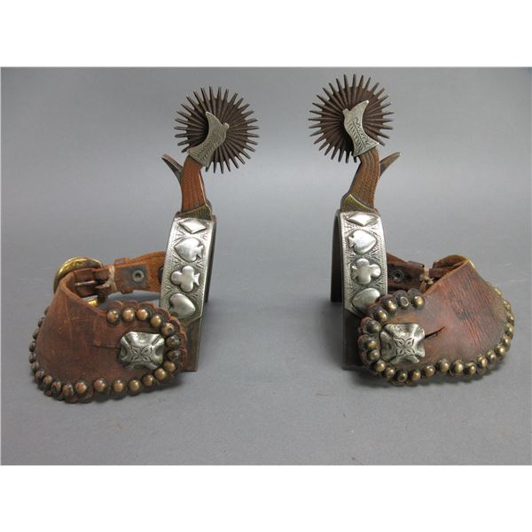 Marked L+M Silver And Brass Double Mounted Overlaid Lady Leg Spurs- 1.1" Bands With Card Suites- 2.5