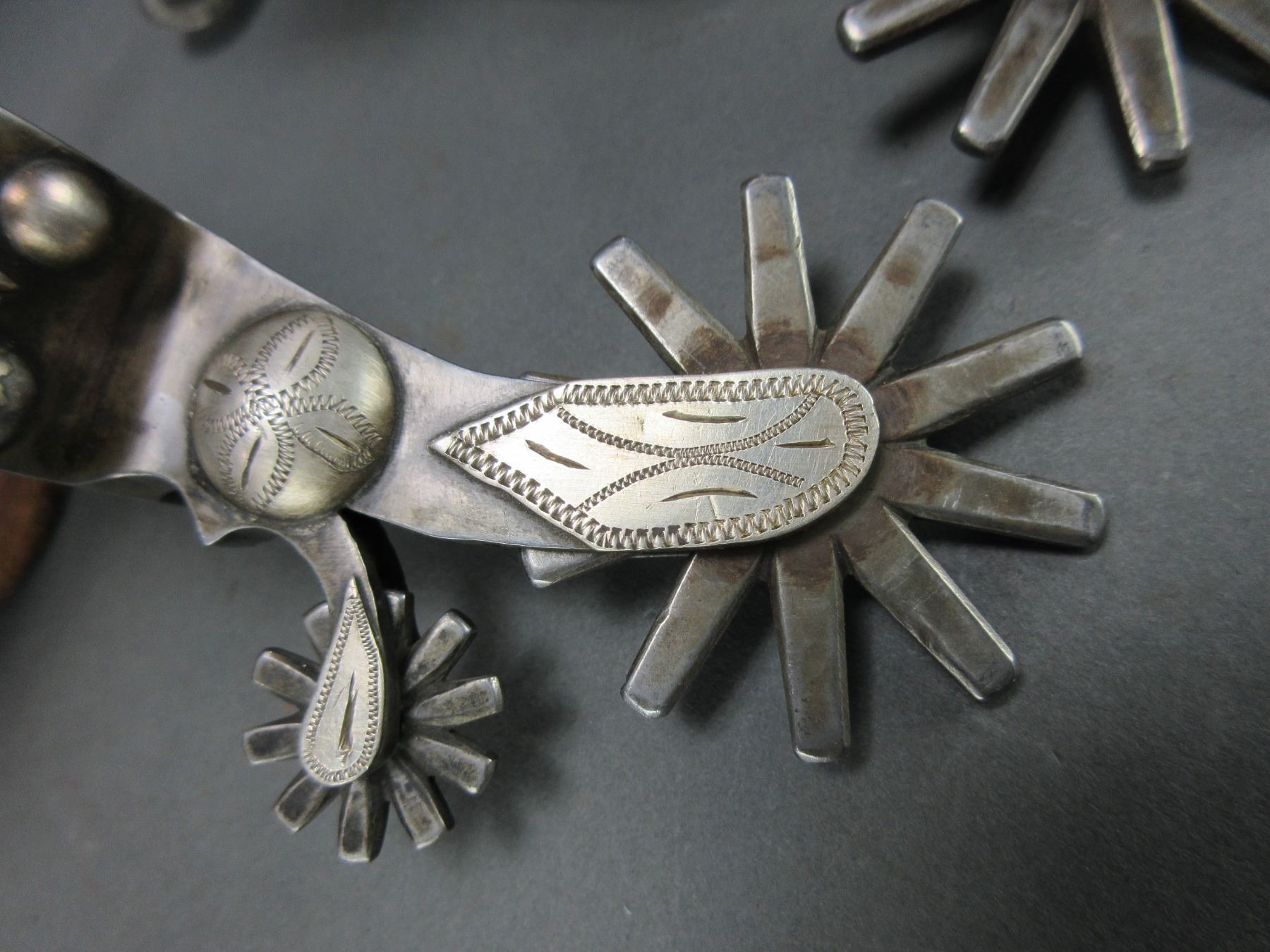 Rocking W R Brand Marked Rocking W Double Mounted Silver Overlaid Spurs With Cheyenne ...