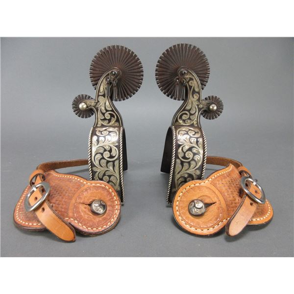 Marked J Salinas Magdelena Sonora Mexico 541-23-19- Silver Inlaid Tom Mix Style Spurs- 1.6" Rope Edg