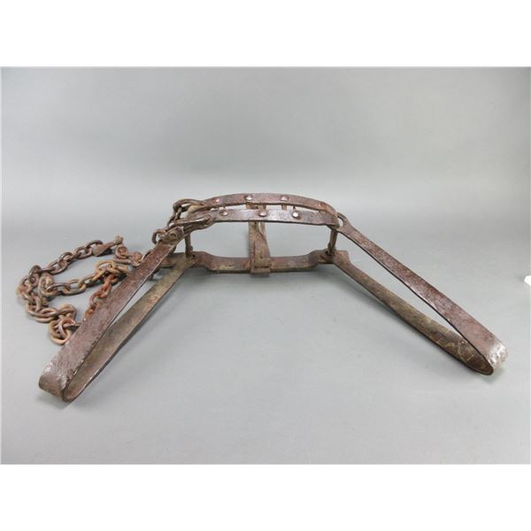 Antique Hand Forged Bear Trap With Teeth- 38"- Chain- Very Old
