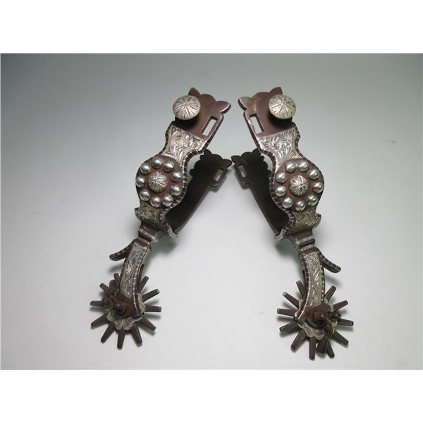 Marked E Garcia In Script Silver Inlaid Spurs- 1.5" Target Pattern Bands- 2.75" Drop Shanks- 2" 12 P