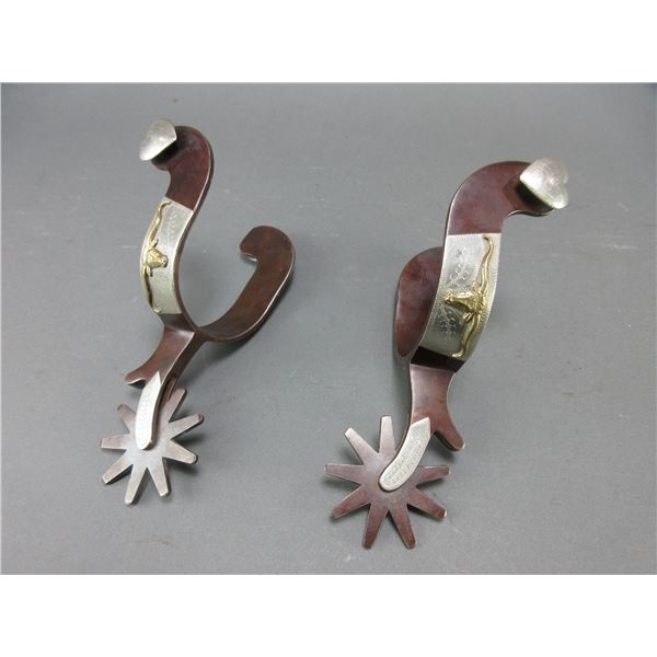 Marked Pierce Silver And Copper Overlaid Double Mounted Spurs- 1" Bands- 2.5" Drop Shanks- 2.25" 9 P