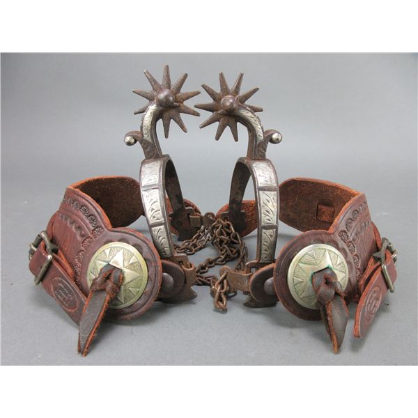 Unmarked Hernandez Silver Inlaid Spurs- Chased Inside- .6" Bands- 1.75" Shanks- 2" 10 Point Rowels- 