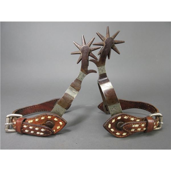 Unmarked Silver Overlaid Prison Spurs- .9" Bands 3" Drop Shanks- 2.5" 8 Point Rowels- Chap Guards- B
