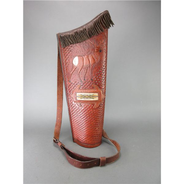 Stamped, Tooled, And Carved Leather Quiver With Strap- Fringed- Hitched Horsehair Inlay- 20" X 7.5"
