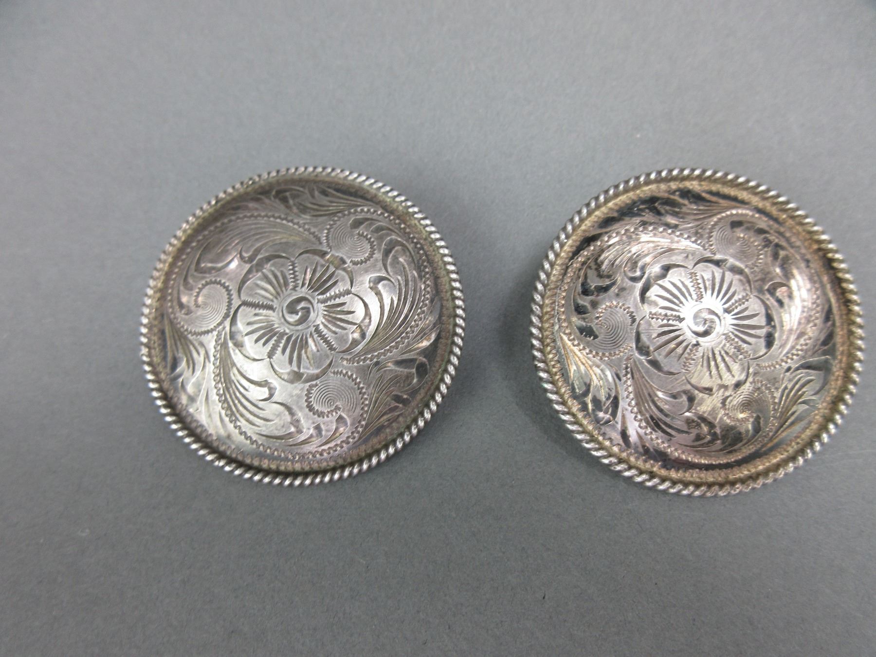 Marked Mexico Silver Overlaid 2" Engraved Conchos- Rope Edged