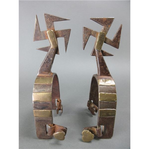 Unmarked Brass Overlaid Spurs- 1" Bands- 2.5" Shanks- 2.25" Swastika Rowels- Heart Buttons- Fair Con