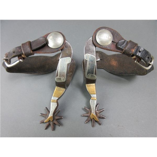 Marked Kelly Bros Silver And Brass Overlaid Lady Leg Spurs- .75" Bands- 2.5" Shanks- 1.75" 9 Point R