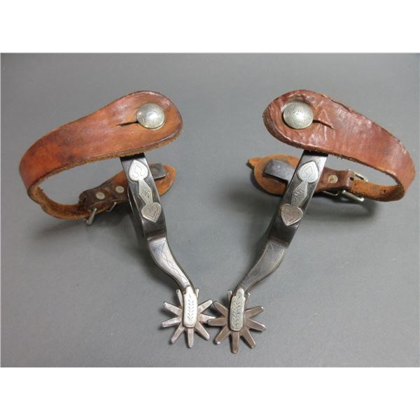Marked KB+P Silver Overlaid Spurs- .75" Bands- 2.5" Shanks- 1.5" 9 Point Rowels- Straps- Decent Cond