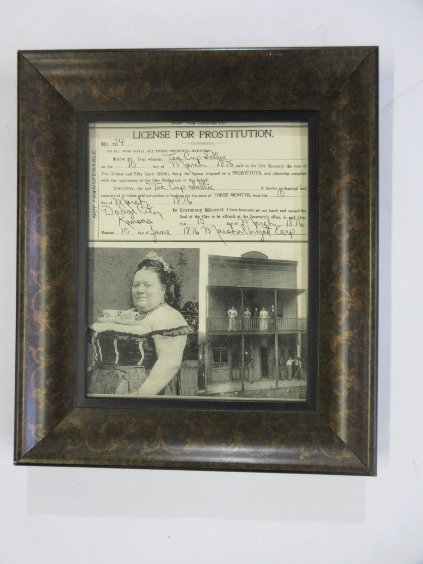 Copy Of Prostitute License For Dodge City Kansas Signed By Marshall