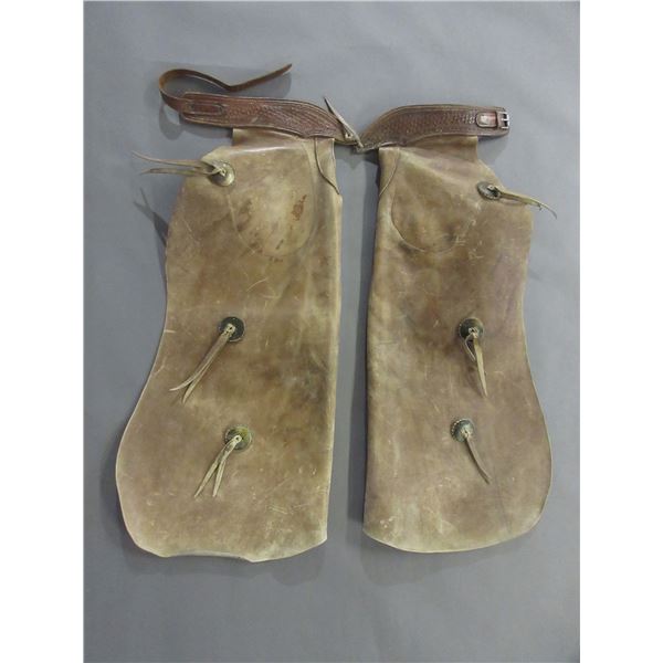 Old Batwings With Inside Pockets-  One Needs Restitched- Stamped Yoke- Six 2" Conchos- Decent