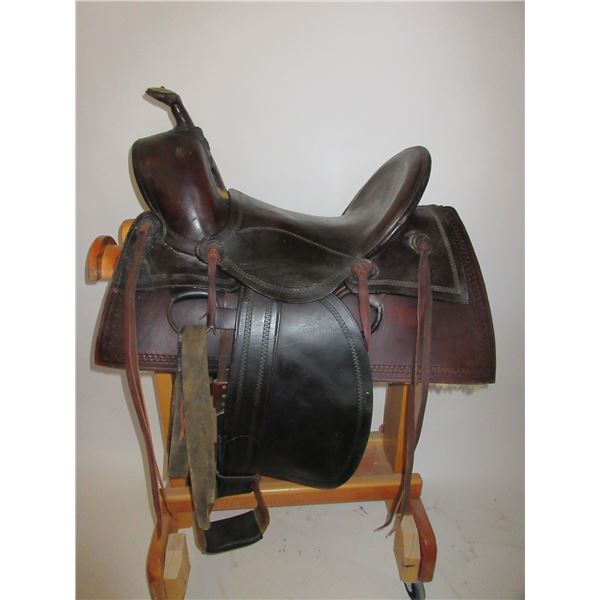 Old Highback Basket Stamped Saddle- 16.5" Seat- New Sheepskin And Skirts- New Tread On Stirrups- Str