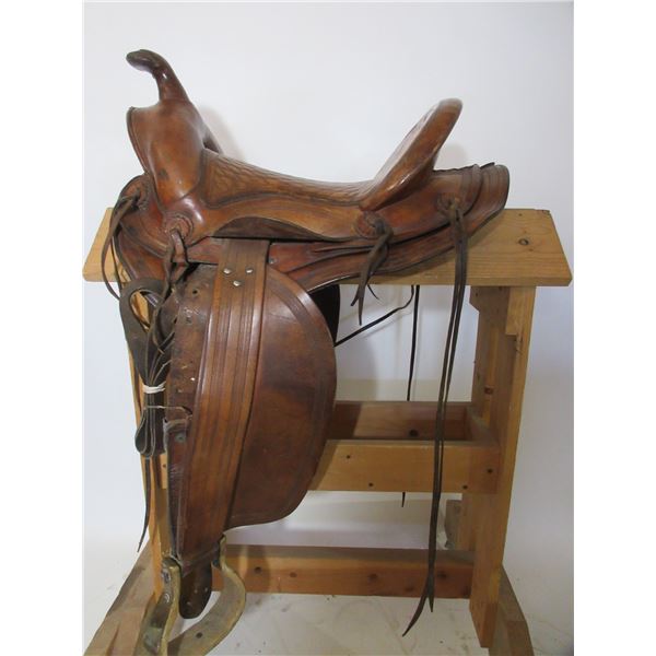 Marked HH Heiser Maker Denver Colo Basket Stamped Saddle- 14" Seat- Rough Sheepskin- Good Condition