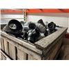 Image 1 : SHELF LOT CRATE OF BLACK AND GREY PVC FITTINGS AND A COUPLE OF TARPS