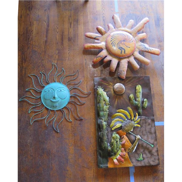 Qty 3 Lightweight Metal Mexican Wall Hangings: Sunshine & Cactus Kokopelli, Misc Sizes