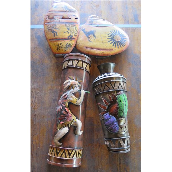Qty 3 Lightweight Metal Mexican Wall Hangings: Jars & Cactus Kokopelli, Misc Sizes