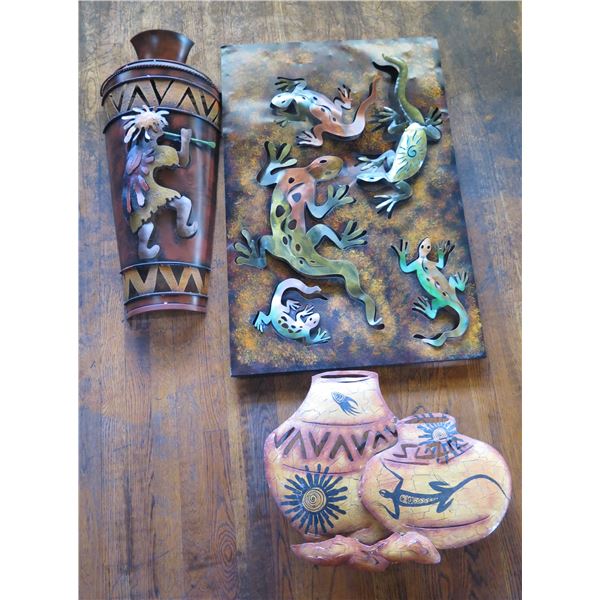 Qty 3 Lightweight Metal Mexican Wall Hangings: Gecko, Cactus Kokopelli & Jar, Misc Sizes