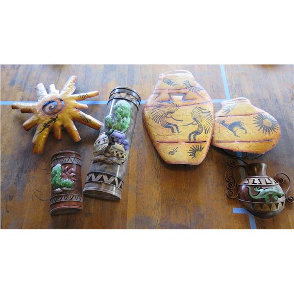 Qty 4 Lightweight Metal Mexican Wall Hangings: Sunshine, Cactus & Jars, Misc Sizes